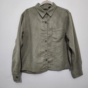 Chico’s Size 2 Large Olive Green Faux Suede Shirt Jacket Shacket Soft Washable